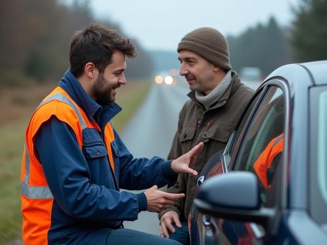 Ilustrácia asistenčných služieb. Mechanik pomáha vodičovi pri aute na ceste.