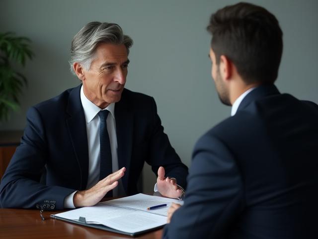 Ilustrácia právnej ochrany. Advokát vysvetľuje dokumenty klientovi. 